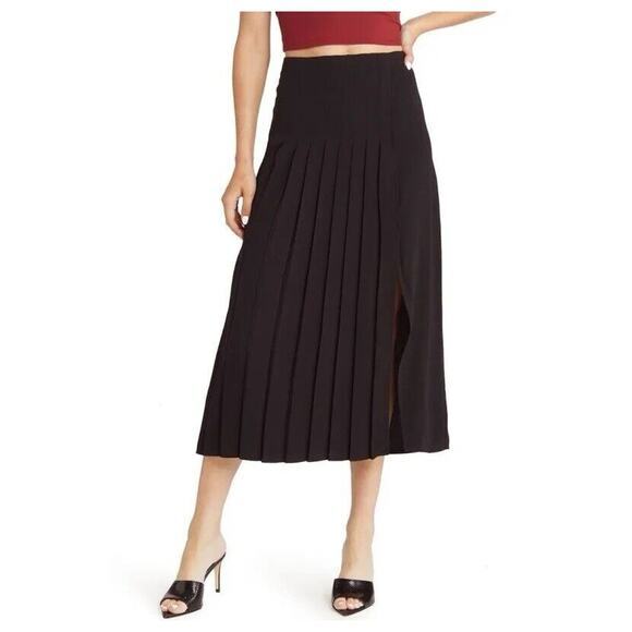 Nordstrom Open Edit S Pleated Large Black Pleated Slit Hem Midi Skirt - Picture 1 of 11